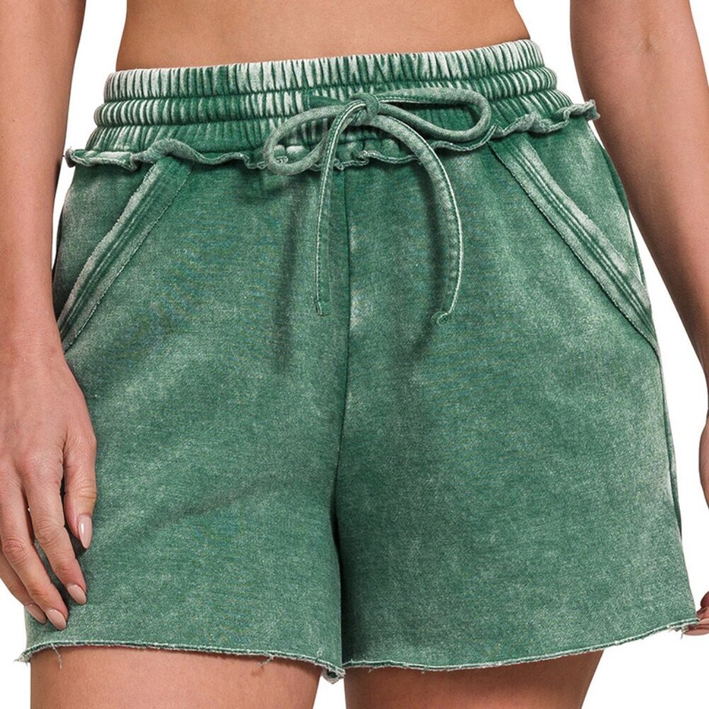 Zenana Acid Wash Fleece Drawstring Shorts with Pockets, Dark Green